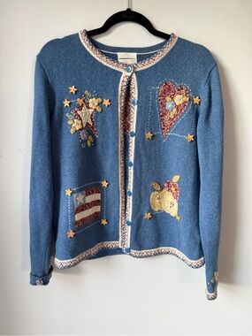 VTG Grandma Sweater Cardigan Stars Striped USA Apples Hearts Cottage Core Size M